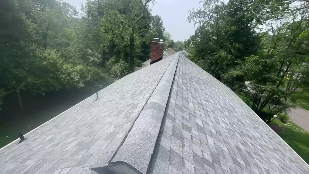 Completed roof with a continuous ridge vent installed for exhaust ventilation, surrounded by gray asphalt shingles and bordered by tall trees.