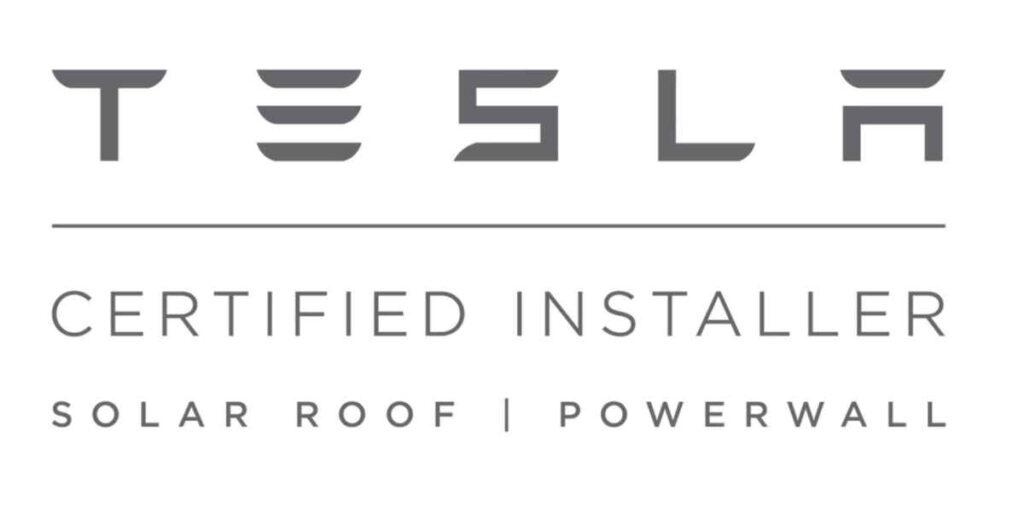Tesla Certified Installer badge showing the Tesla logo and the words “Certified Installer – Solar Roof | Powerwall” displayed in gray on a white background.