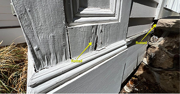 Dormer trim casing rot at roofline in Chatham NJ — open paint gaps and wood fiber breakdown