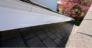 Rake trim lower end showing rot and separation from adjacent trim boards at roofline